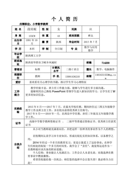 应聘教师个人简历,应聘教师个人简历模板